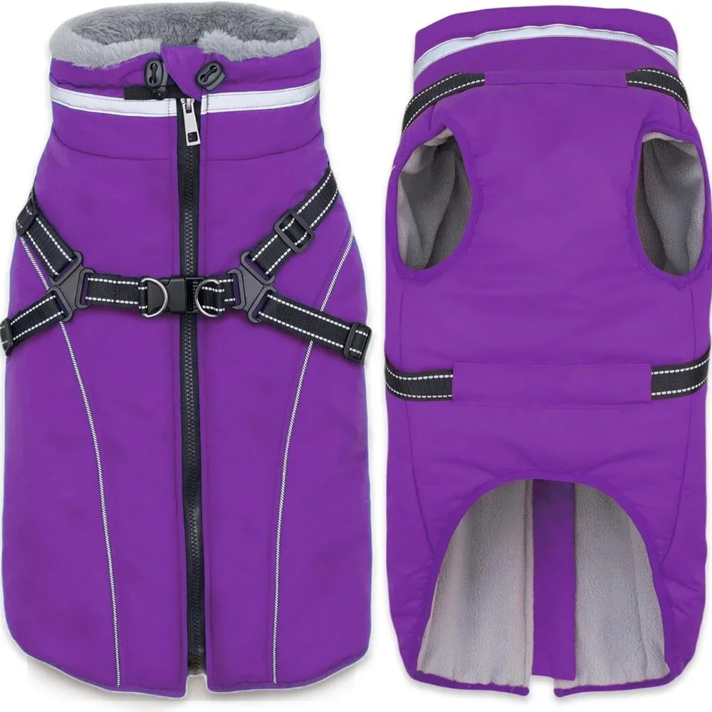 Dog Coat with Harness Built in, Waterproof Windproof Reflective Warm Puffer